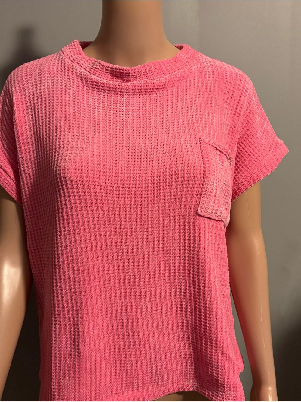 Casual Pink Waffle Knit Short Sleeve Top